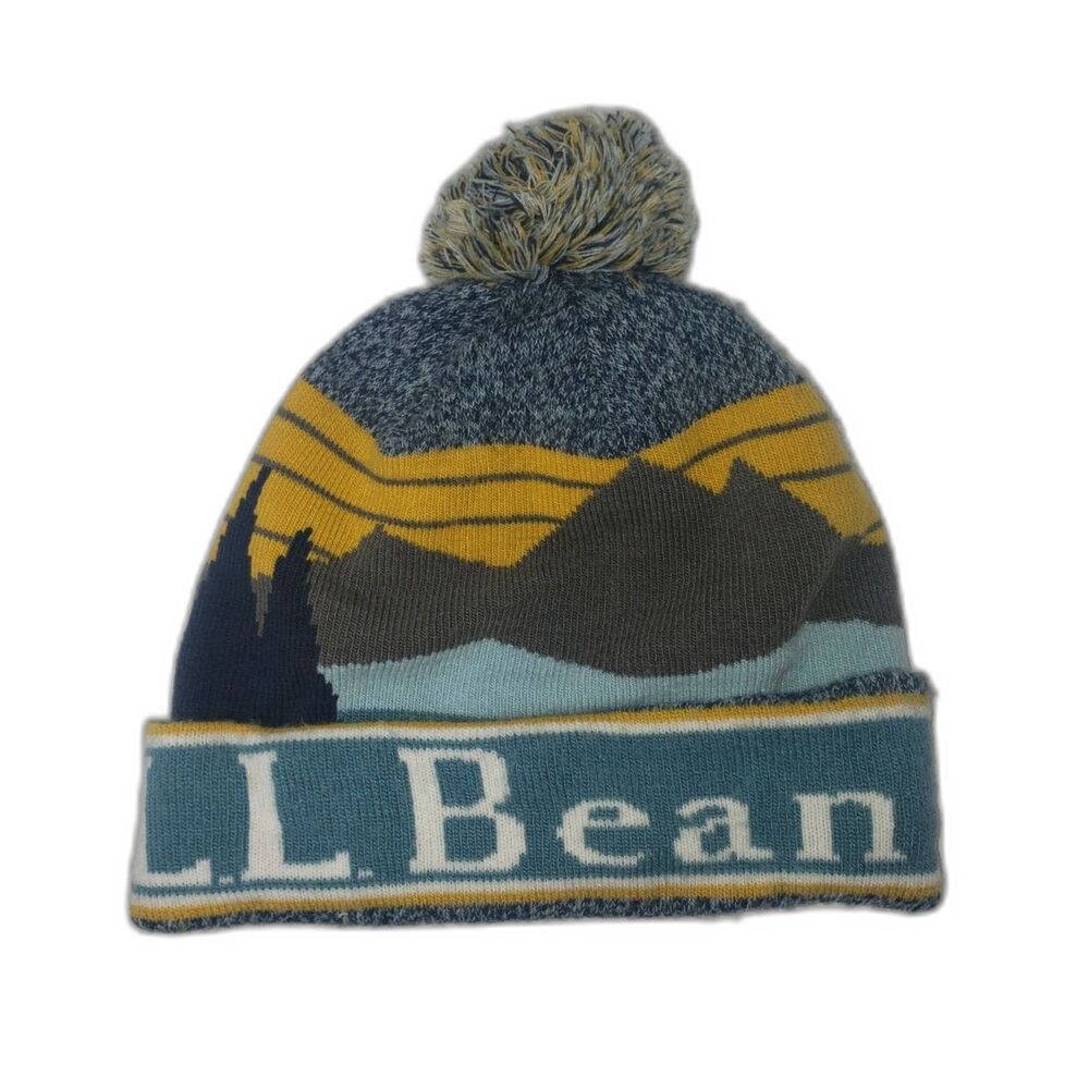 L.L. Bean Katahdin Pom Beanie Hat Knit Mountain Sunset Graphic Unisex